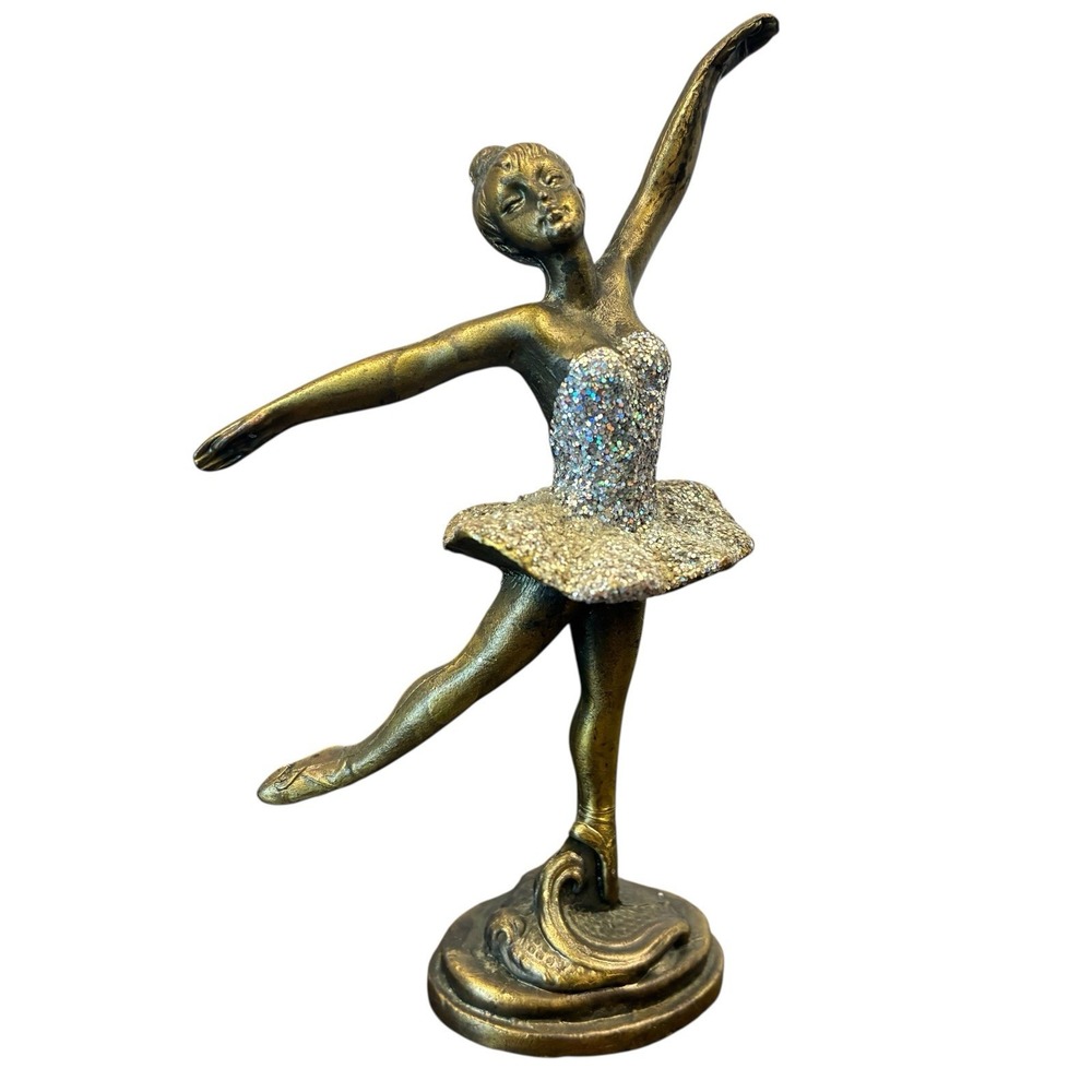 Vintage Ballerina Glitter Figurine Cast Metal Brass Tone Finish Ballet Dancer 5"